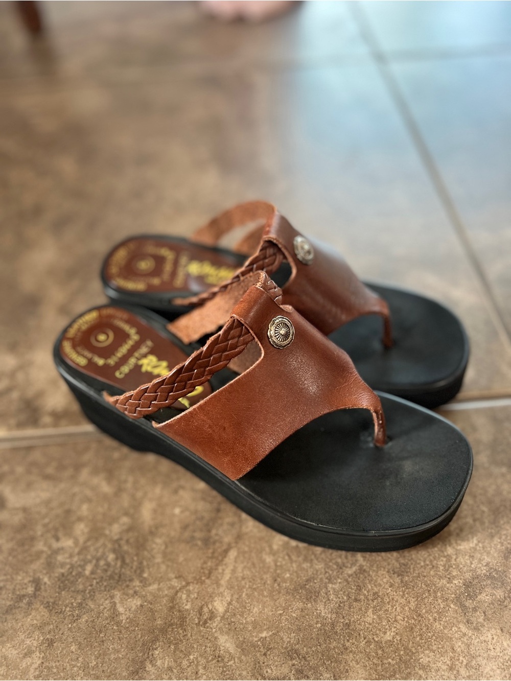 Romano Brown Braided Leather Thong Platform Sandals Made in Brazil